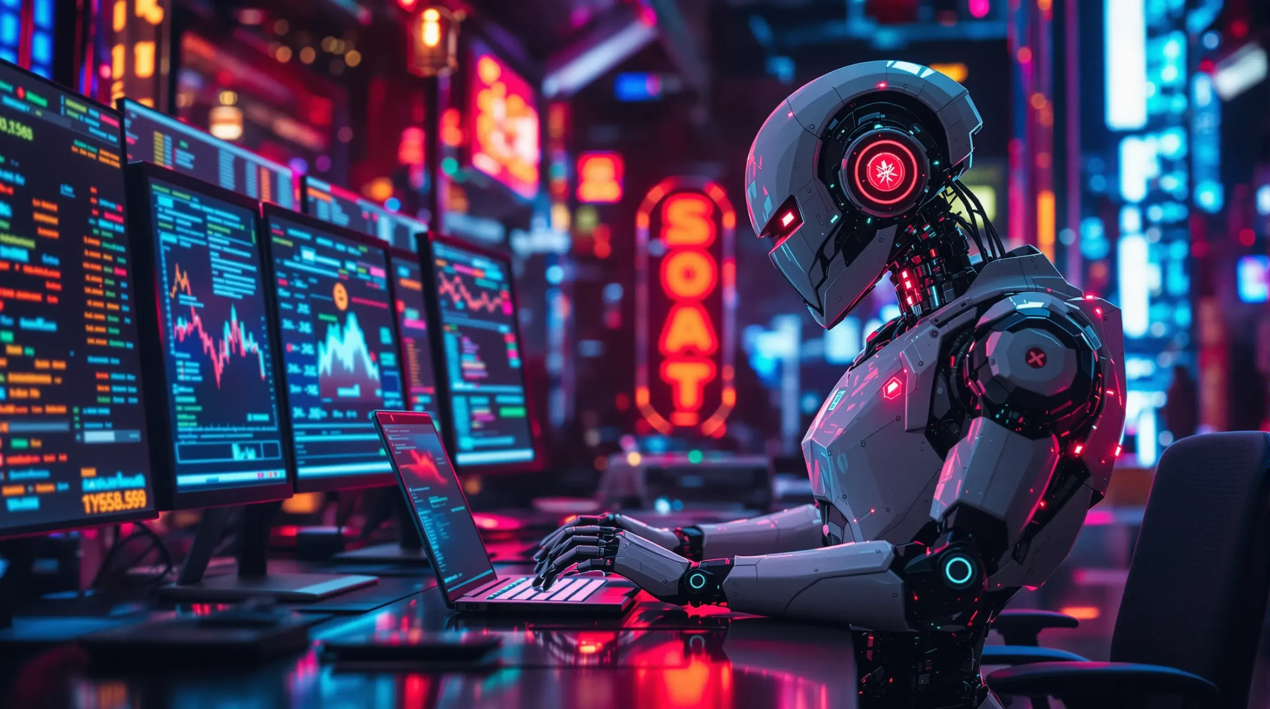 An illustration of a robot sitting next to a computer with stock market screens and typing