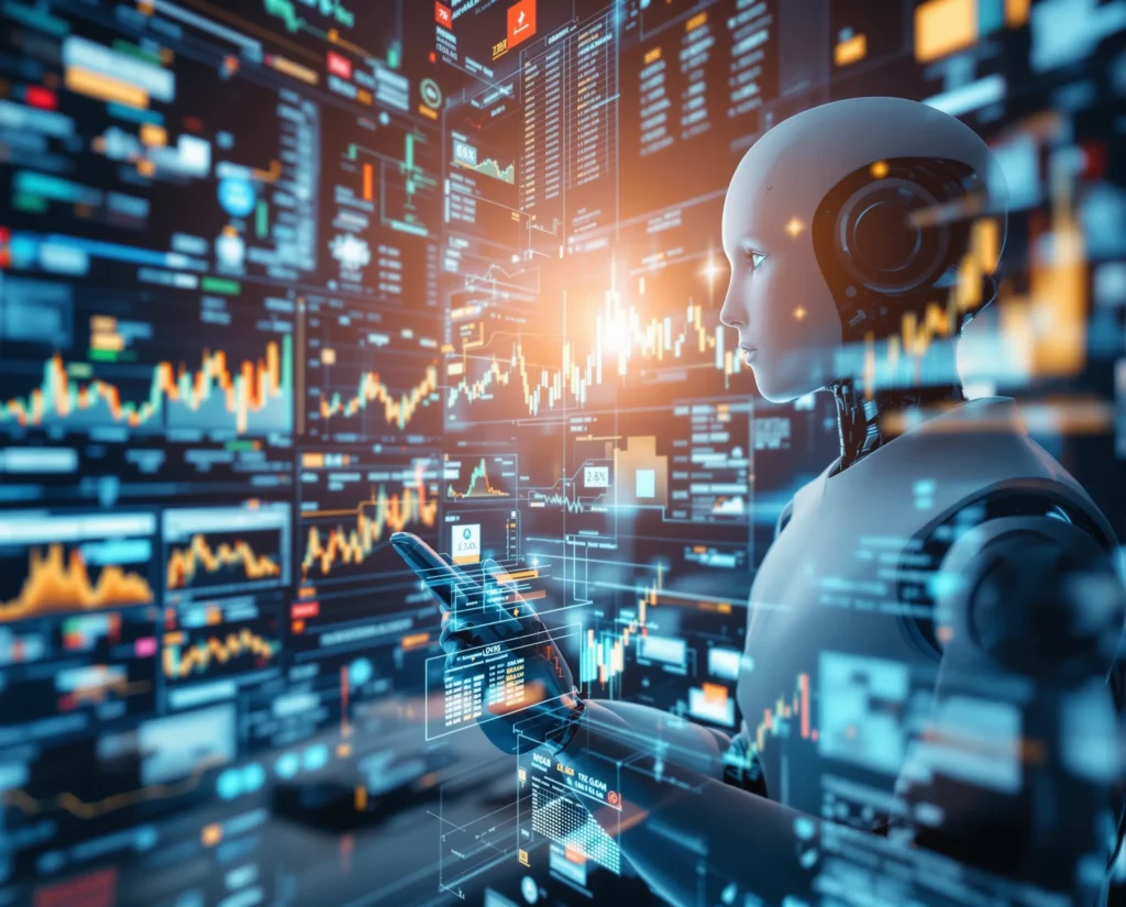 An artificial intelligence stock analyst going over thousands of different data points on a hologram screen.