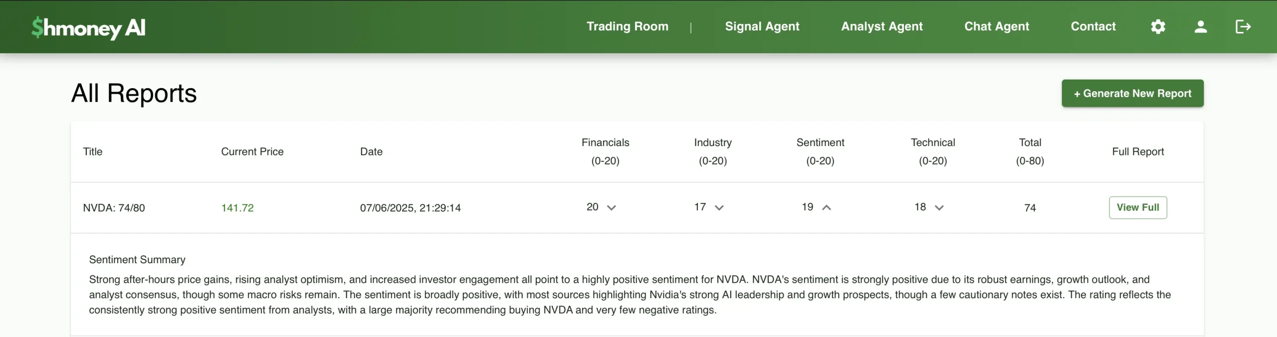 Screenshot of Shmoney AI Analyst Agent
